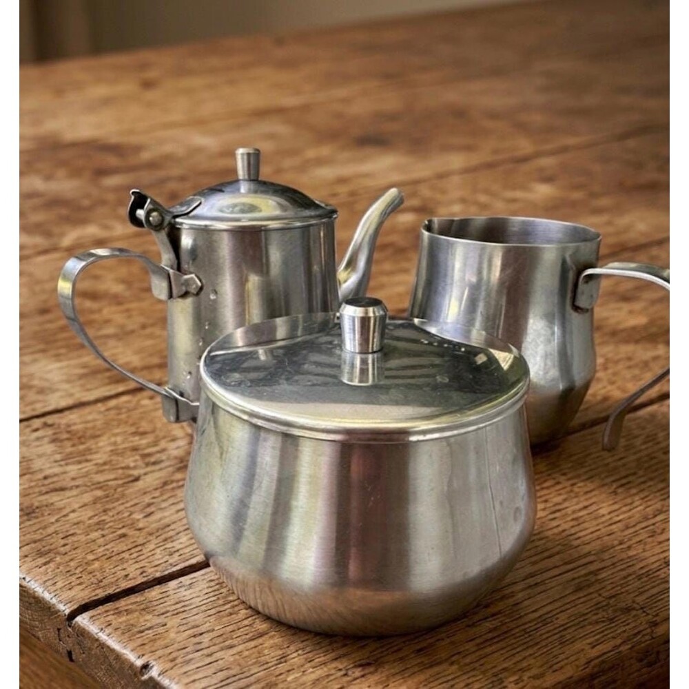 Vintage 3-Piece 18/8 Stainless Steel Teapot Sugar Creamer Set Hong Kong
